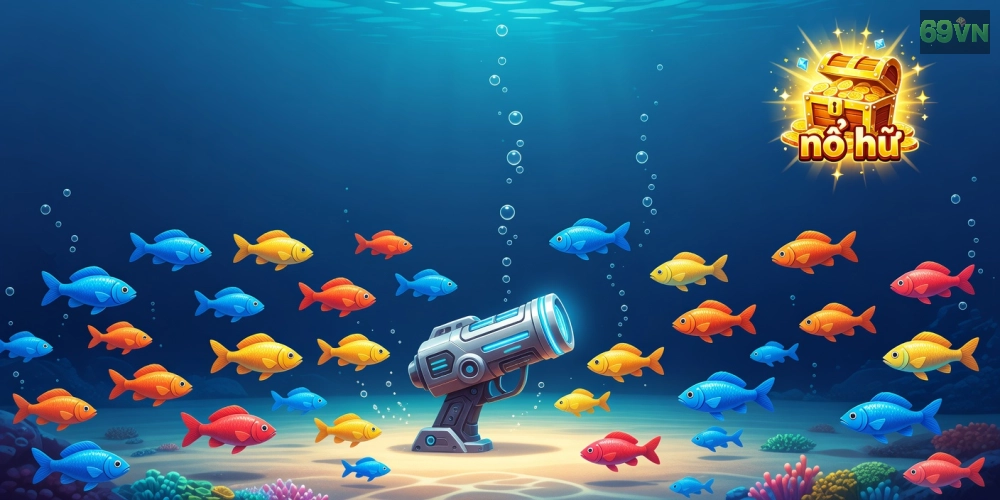 Minh họa giao diện bắn cá nổ hũ 69vn với cá đa dạng và hũ jackpot sáng rực