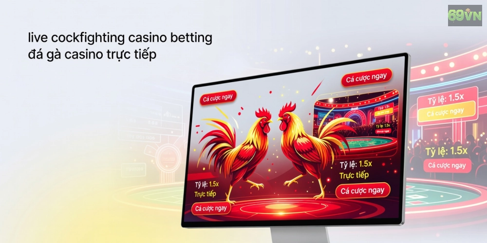 Minh họa khái niệm đá gà casino trực tiếp với giao diện hiện đại và trận đấu sống động