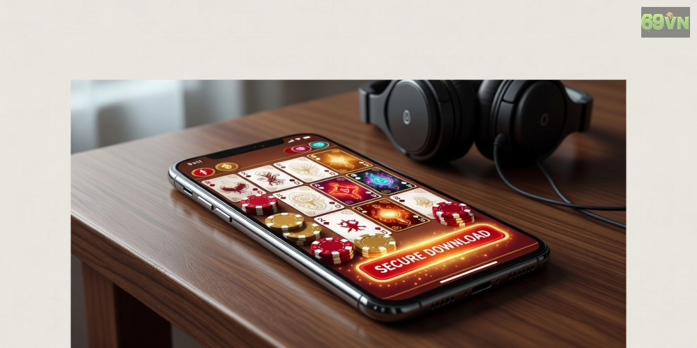Hình minh họa giao diện tải game bài 69vn với các trò chơi phổ biến và tính năng bảo mật.